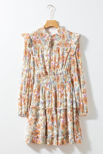 White Split Neck Smocked Waist Ruffled Floral Dress