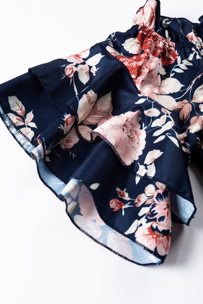 Blue Ruffle Off Shoulder Flounce Sleeve Floral Blouse