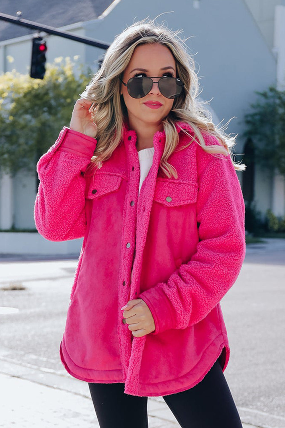 Bright Pink Faux Suede Sherpa Patchwork Button-up Shacket