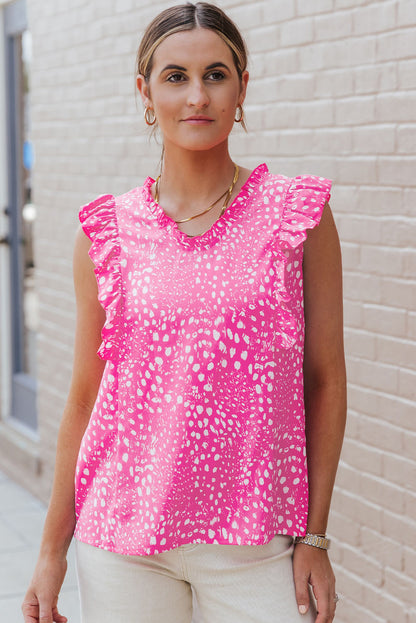 Rose Leopard Ruffle Trim Tank Top