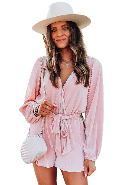 Pink Ripped Surplice V Neck Bubble Sleeve Romper