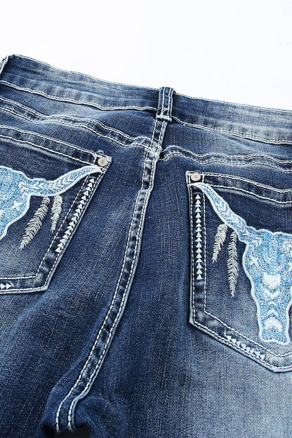 Sky Blue Embroidered Cow Straight Leg Jeans