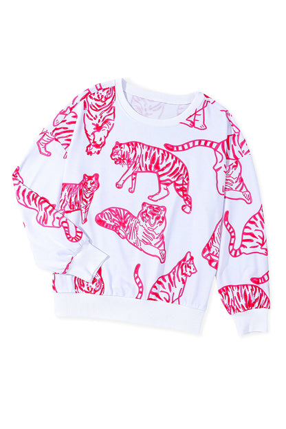 Bright White Pink Animal Print Pullover Sweatshirt