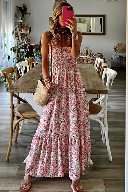 White Boho Floral Smocked Ruffled Maxi Dress