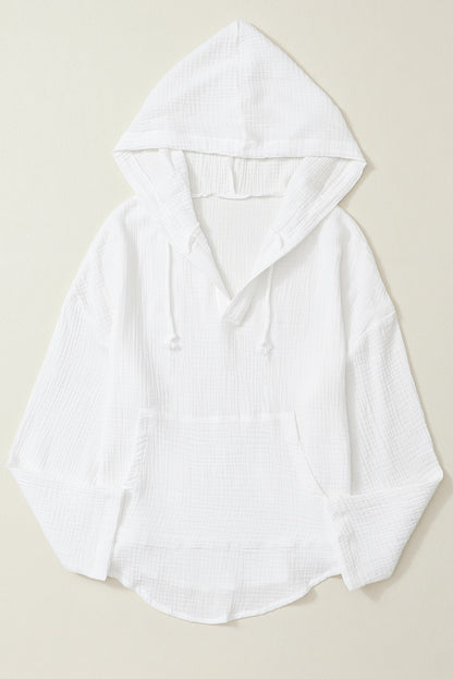 White Lightweight Crinkle Pocketed Hooded Blouse