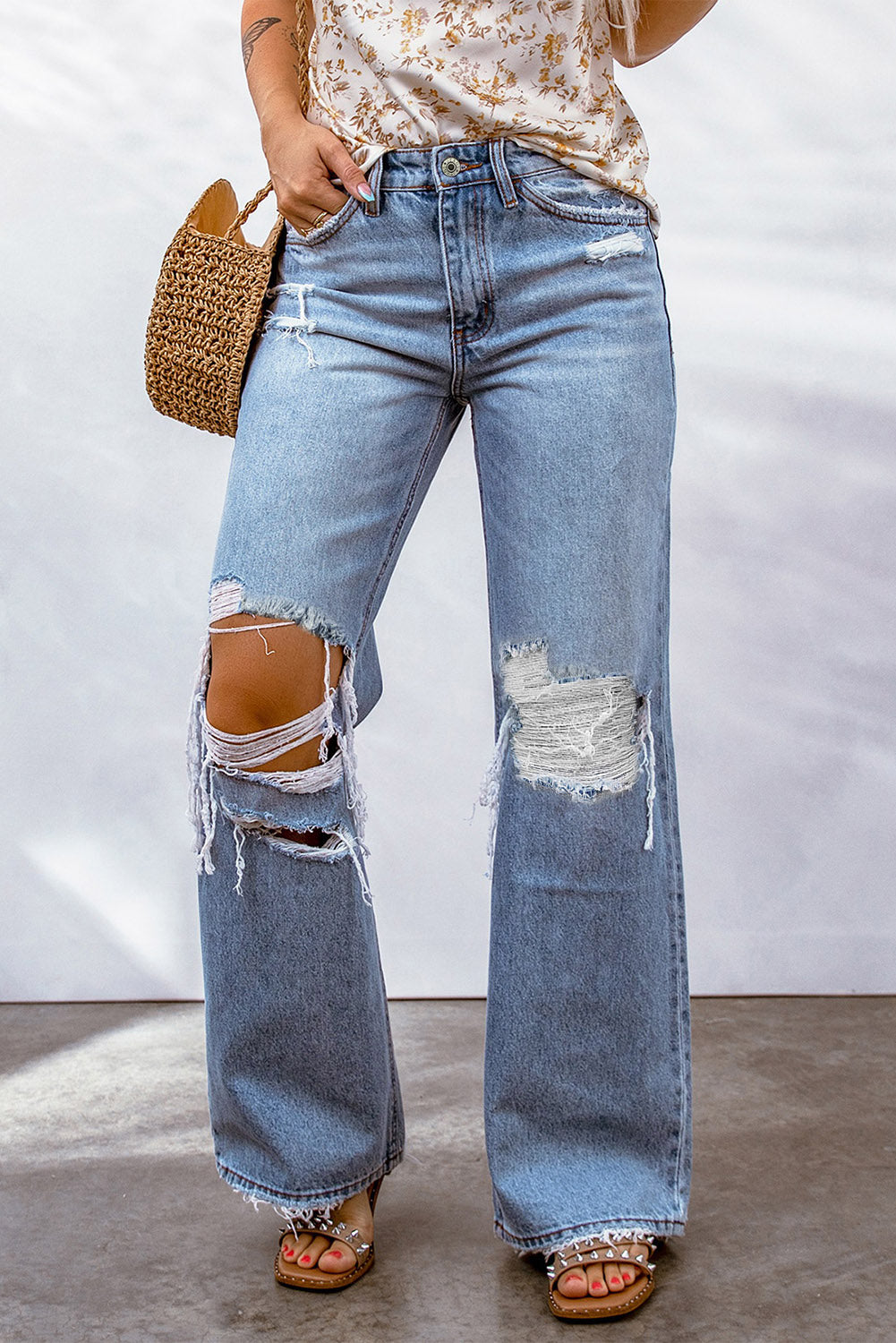 Sky Blue Destroyed Open Knee Wide Leg Jeans