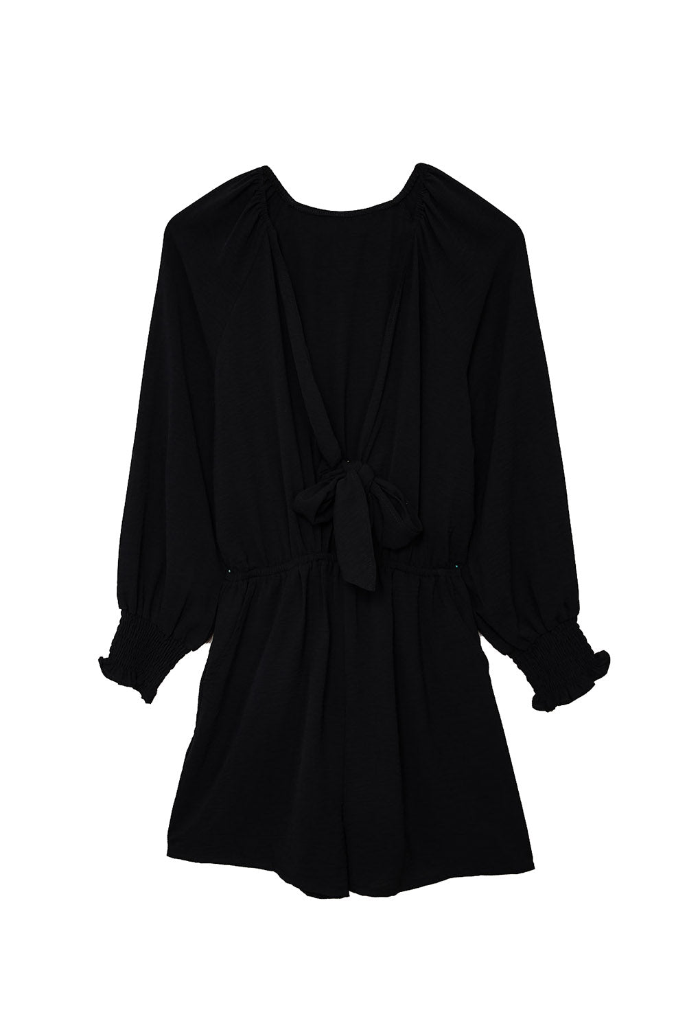 Black Tie Knot Puff Long Sleeve Romper