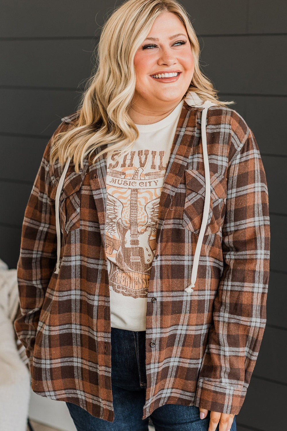 Brown Plus Size Plaid Contrast Button up Hooded Jacket