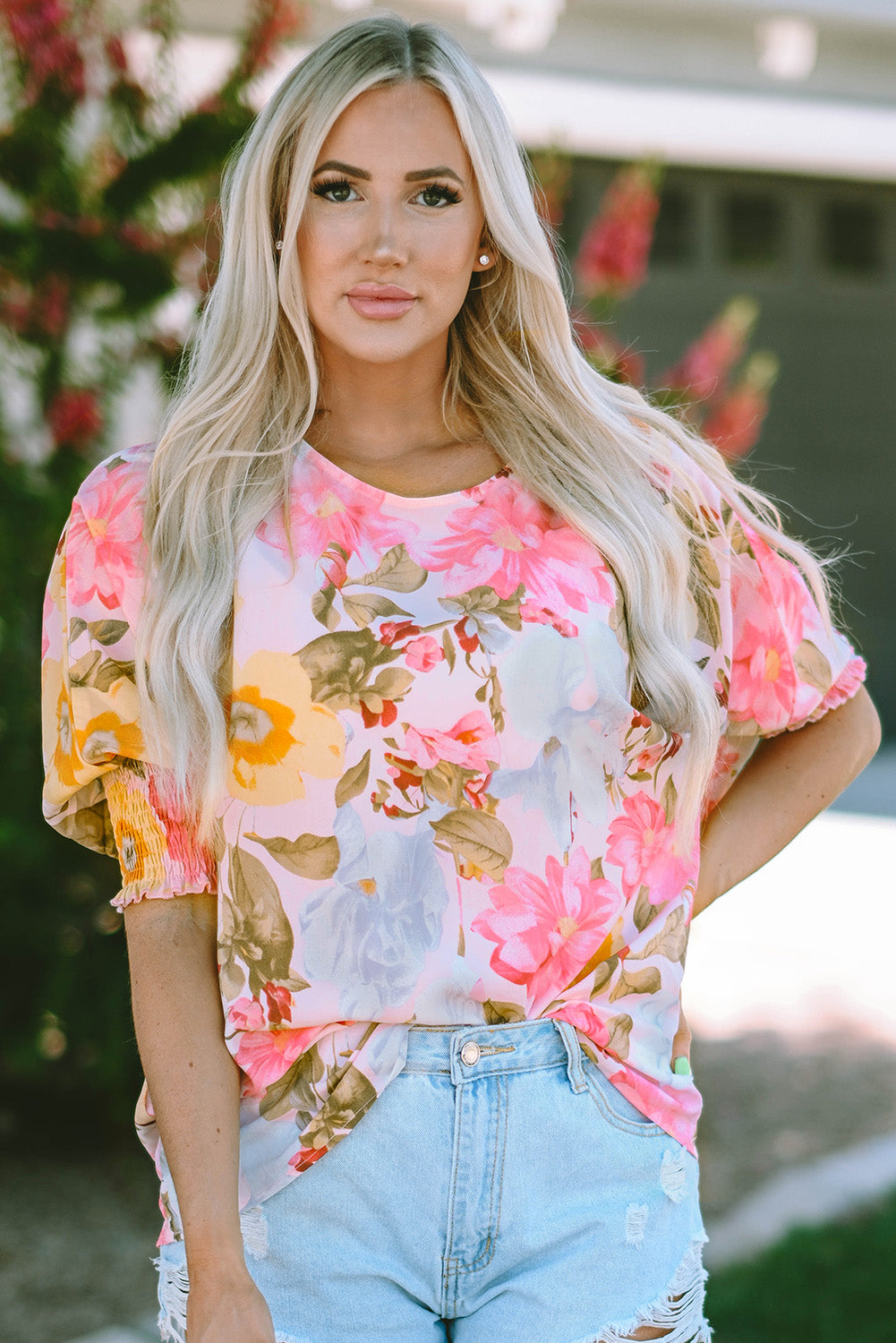 Pink Shirred Cuff 3/4 Sleeve Loose Fit Floral Blouse