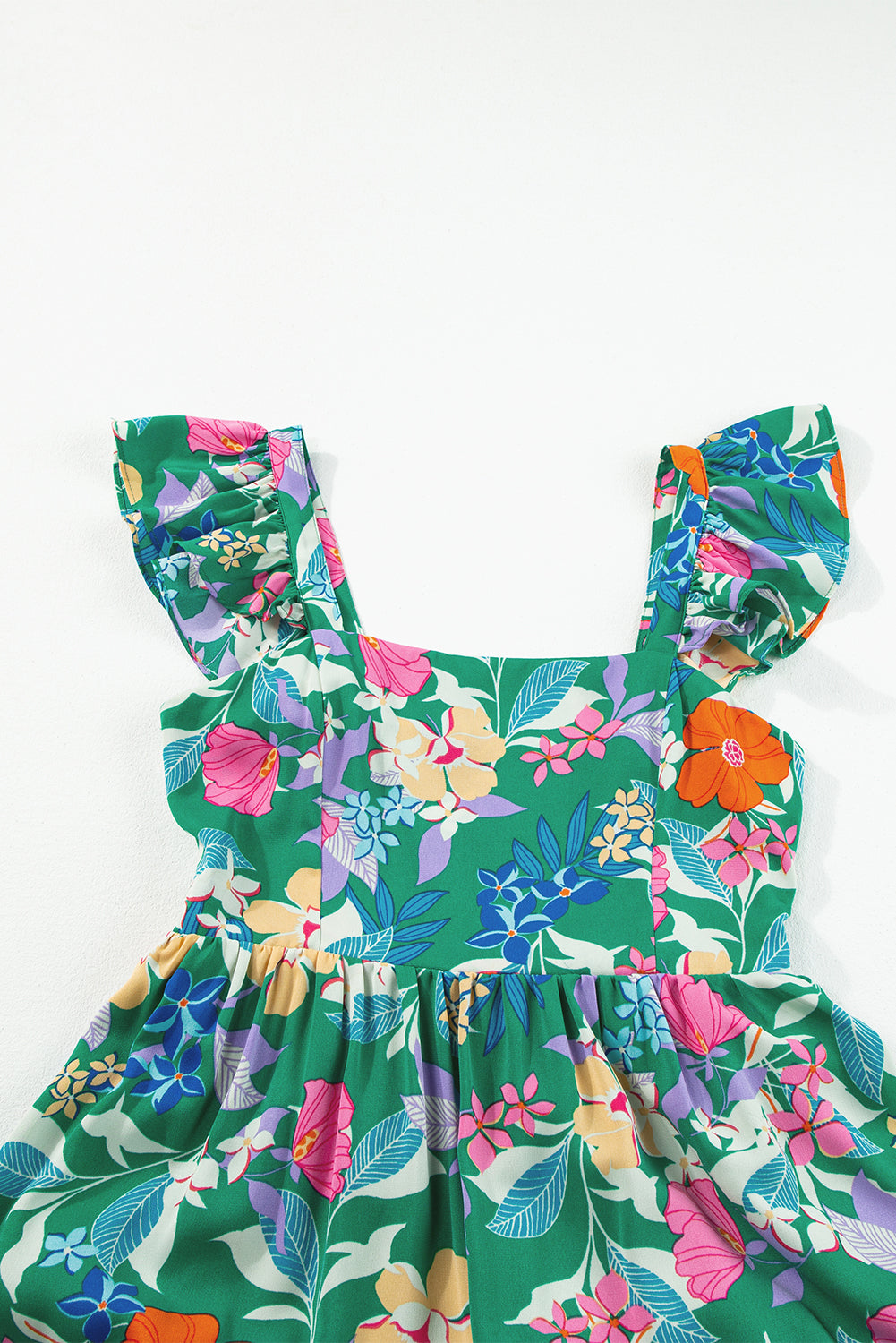 Green Floral Print Sleeveless Ruffle Tiered Maxi Dress