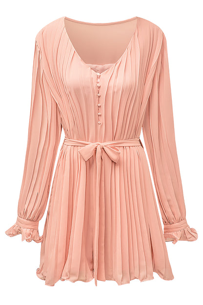 Pink Pleated Ruffled Tie Waist Buttons V Neck Romper